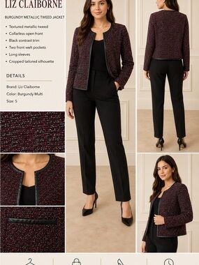 Liz Claiborne Burgundy Metallic Tweed Jacket with Black Trim